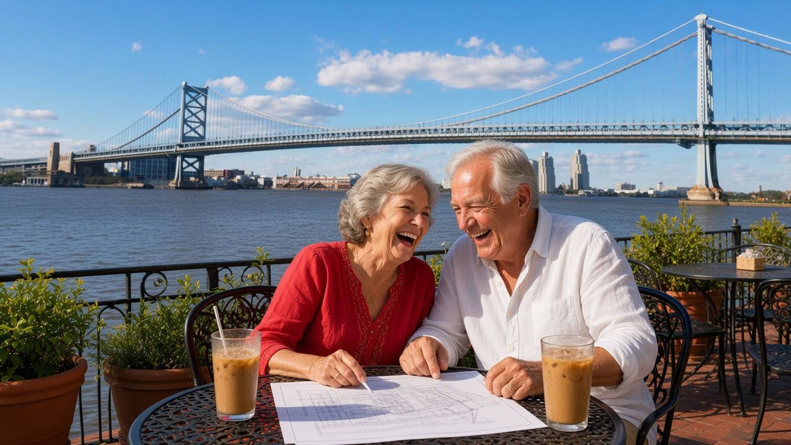 A laughing older couple in a red blouse and a white linen shirt look over a printed letter with iced coffees on a sunny Camden waterfront patio, the Ben Franklin Bridge behind them