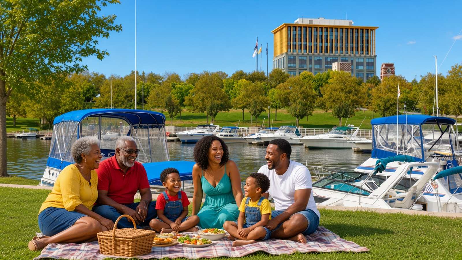 Grandparents, parents and two young children laugh on a picnic blanket on the lawn of Wiggins Park, with boats in the Camden marina behind them