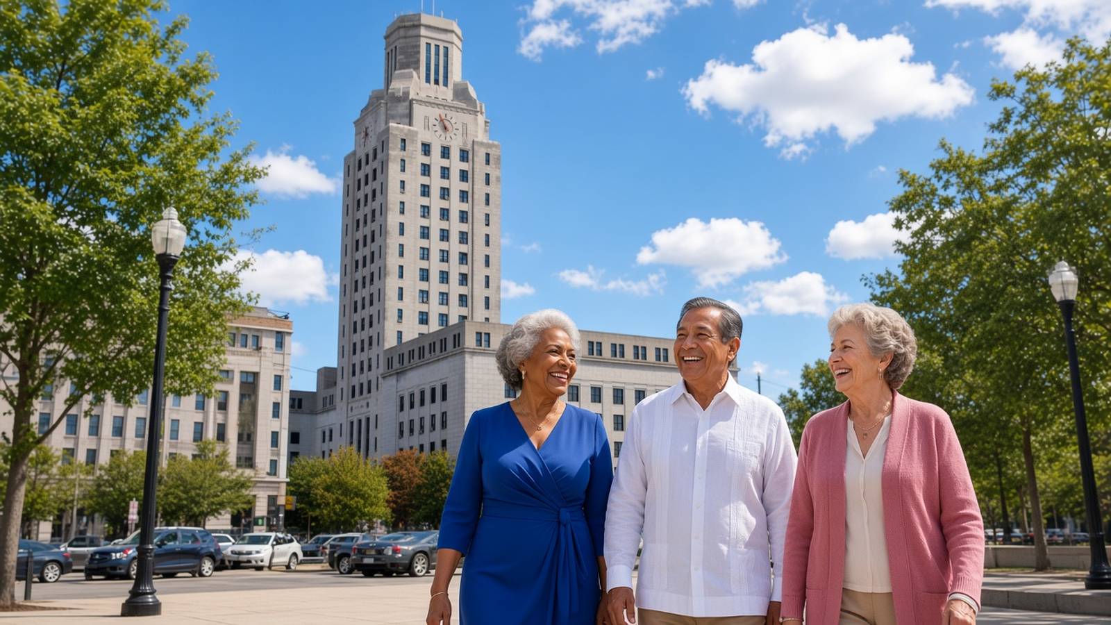 Three smiling older friends in a cobalt dress, a white guayabera and a rose cardigan stroll downtown with the Camden City Hall tower behind them