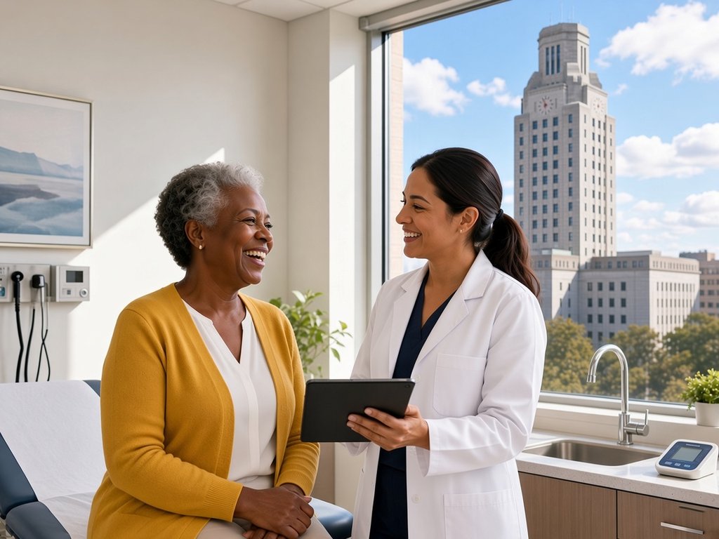 An older woman in a sunflower yellow cardigan laughs with a smiling doctor holding a tablet in a sunny exam room, with Camden City Hall's tower in the window