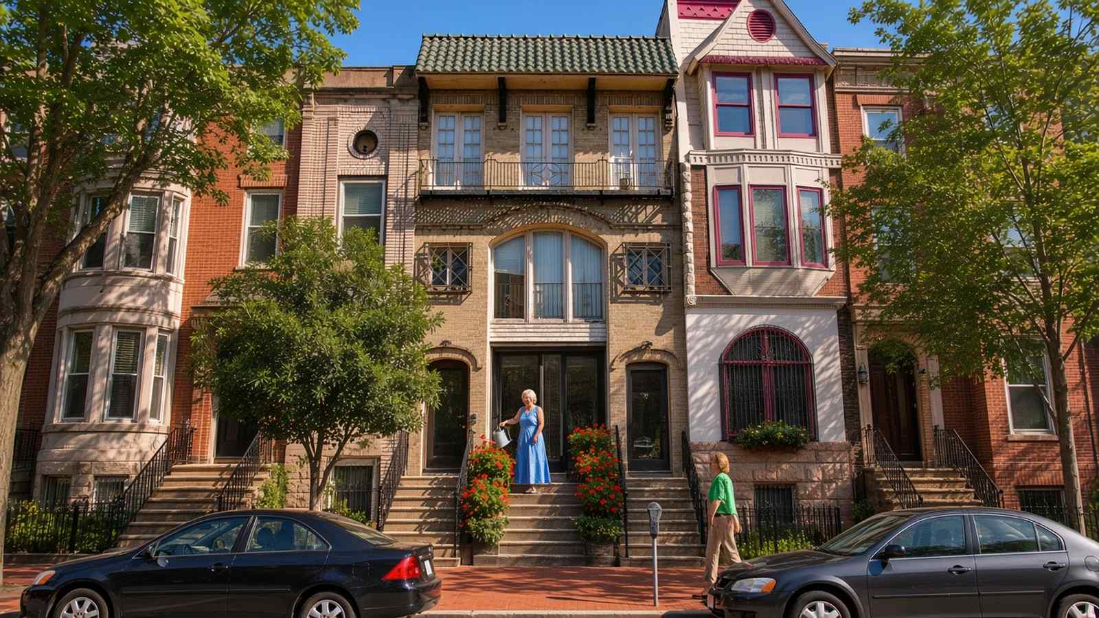 An older woman in a sky blue dress waters red geraniums on the stone steps of an ornate historic brick rowhome in Camden while a neighbor in a green shirt walks by